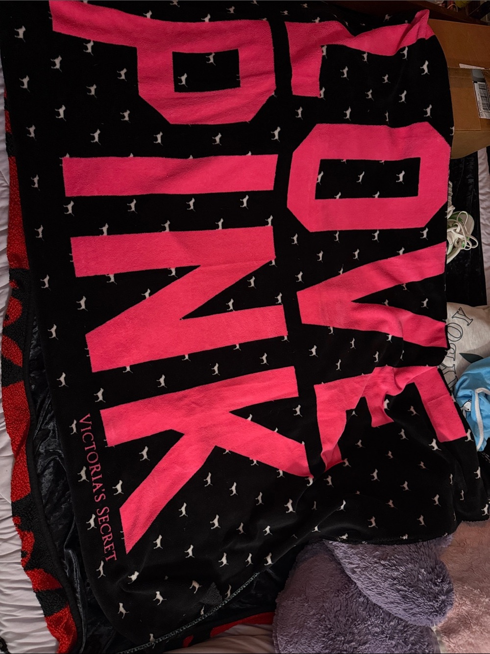 Victoria's Secret stadium blanket with  PINK Logo and dogs all over